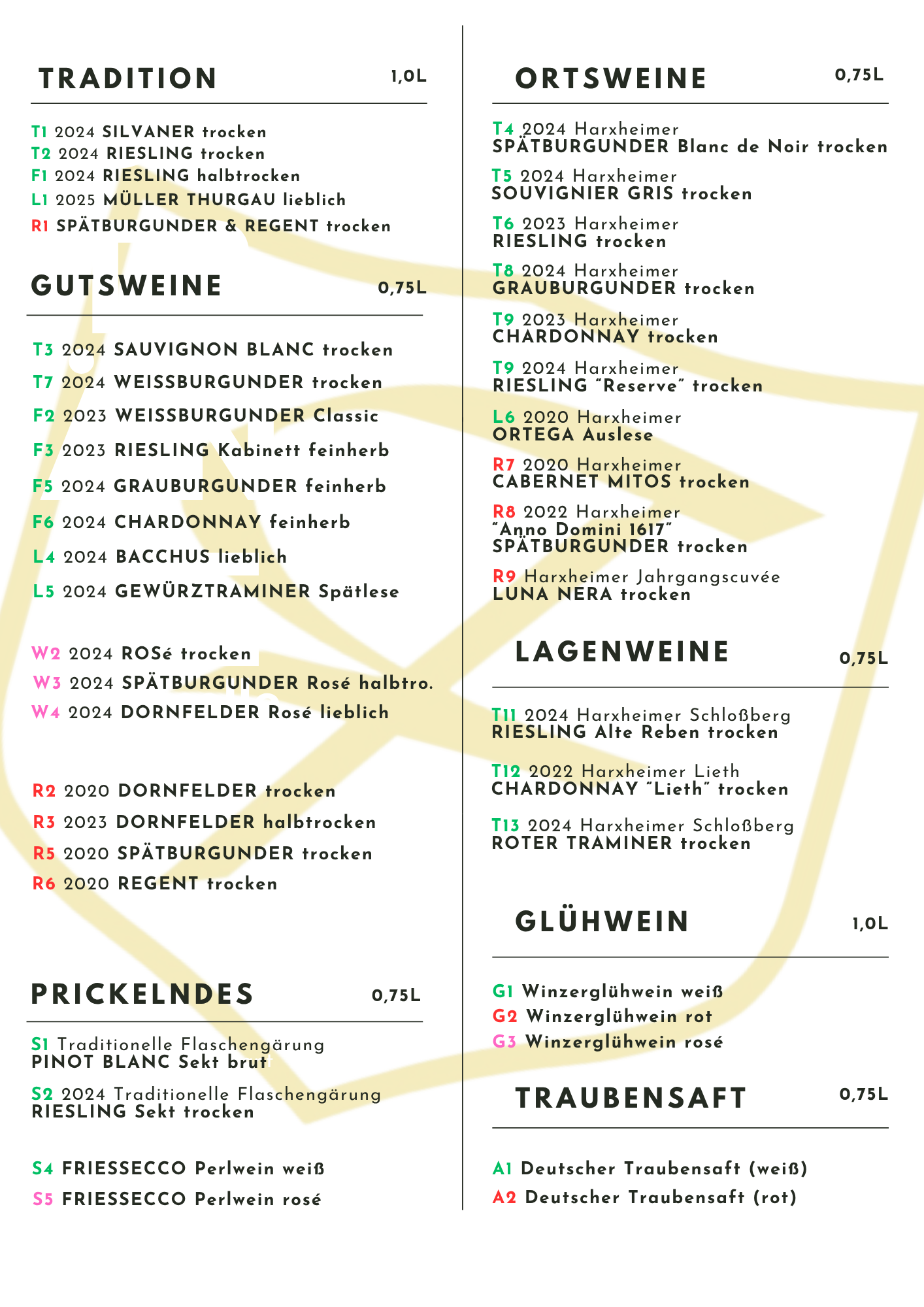 Weinkarte ohne Preise